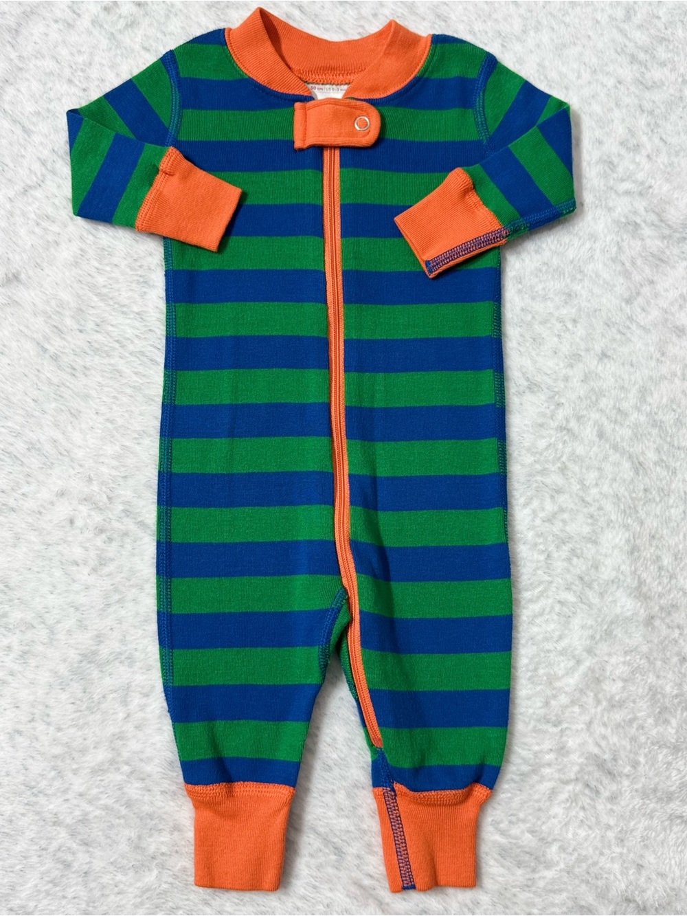 Hanna Andersson Blue Green Stripe Zip Sleeper 0-3M Baby Cotton Orange Trim